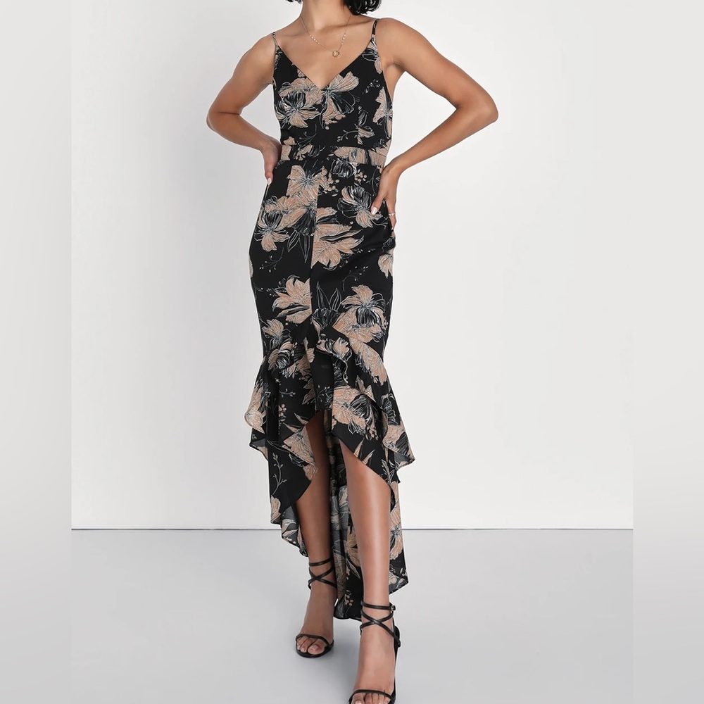 Darling Daylily Black Floral Print High-Low Maxi Dress